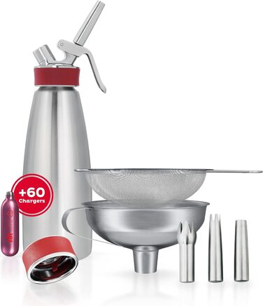 Сифон iSi Gourmet Whip 1 л з 6 наборами капсул, нержавіючі насадки, лійка, сито, кришка – для збивання вершків, супів, мусів і десертів, 100% нержавійка