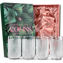 Набір склянок GLASSIQUE CADEAU Vintage Flamingo для коктейлів, 340 мл, 4 шт – кришталеві лонгдрінк та хайбол для Мохіто, Кайпірінья, тропічних і тіки коктейлів