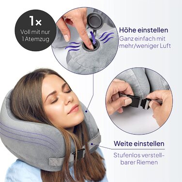 Ортопедична подушка для шиї Lunap, надувна з піною Memory Foam, для подорожей літаком, автомобілем, для дорослих, сіра, розмір Big M