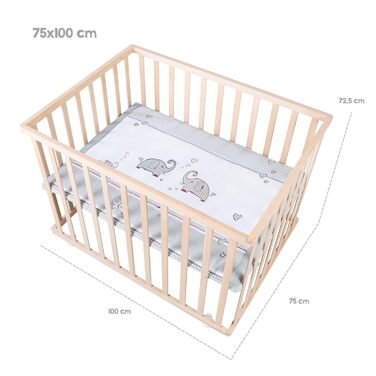 Дитячий манеж-ліжко roba Jumbo Twins 75x100 см, дерев'яний, з матрацем і колесами, регульований по висоті, натуральне дерево