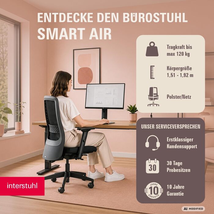Ергономічне офісне крісло Interstuhl SMART Air, синхромеханізм, 4D-підлокітники, підтримка попереку, чорне, Made in Germany