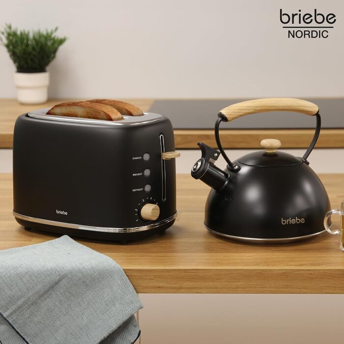 Тостер Briebe Nordic на 2 тости з широкими слотами та підставкою для булочок, 6 рівнів підсмажування + Електричний чайник індукційний 2.3л, нержавіюча сталь, BPA-free, Набір для сніданку в скандинавському стилі (Чорний)