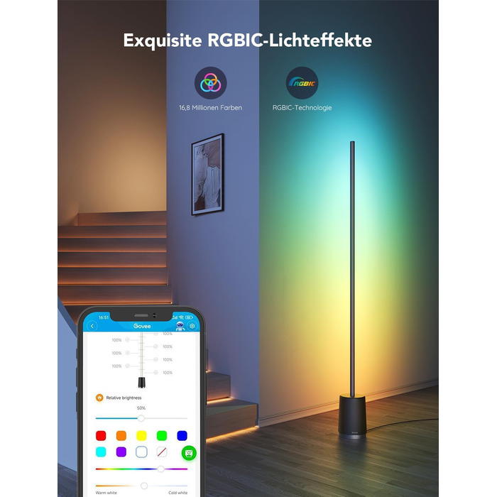 Розумна підлогова LED лампа Govee RGBIC з Wi-Fi, диміруванням, керуванням через Alexa/Google, синхронізацією з музикою, 64 режимами для вітальні та спальні