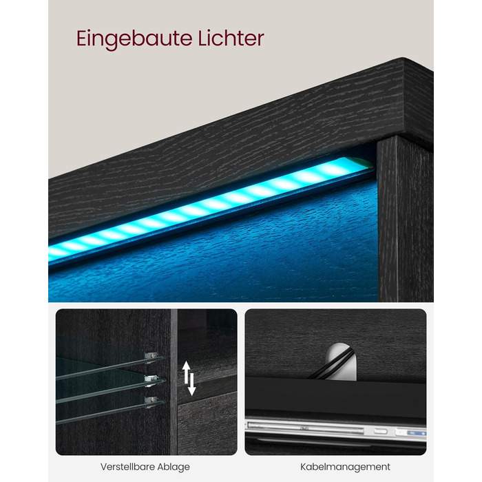 TV-тумба VASAGLE Kailyn LTV331T10 чорна з LED підсвіткою під телевізор до 70 дюймів, з полицями та шафками для вітальні