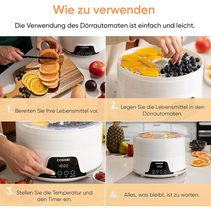 Дегідратор Cosori Food Dehydrator, сушарка для овочів та фруктів, 650 Вт, 5 лотків, таймер на 48 год, діапазон температур 35-75°C, білий