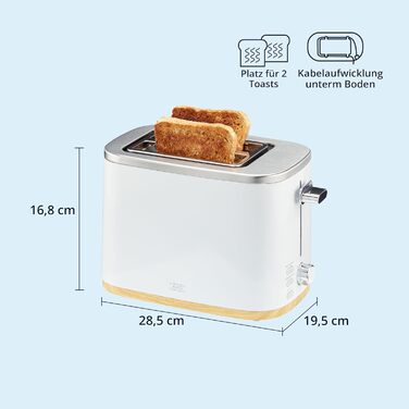 Тостер KHG TO-810 WWD, 2 тостові слоти, підставка для булочок, 7 рівнів підсмажування, контроль підсмажування, піддон для крихт, 800 Вт, білий з дерев'яними вставками