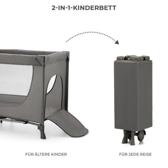 Дитяче ліжечко Kinderkraft JOY 2 в 1, дорожнє та класичне, з колесами, компактне, сучасний дизайн, темно-сірий