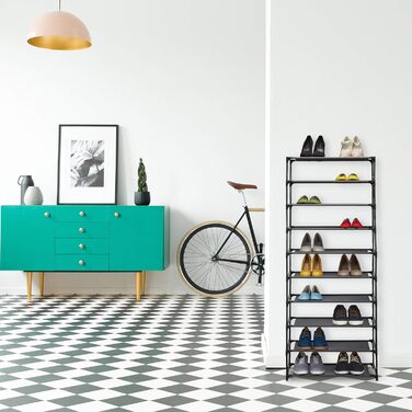 Чорний текстильний стелаж для взуття Relaxdays, 10 рівнів, на 30 пар, 150×62×28 см
