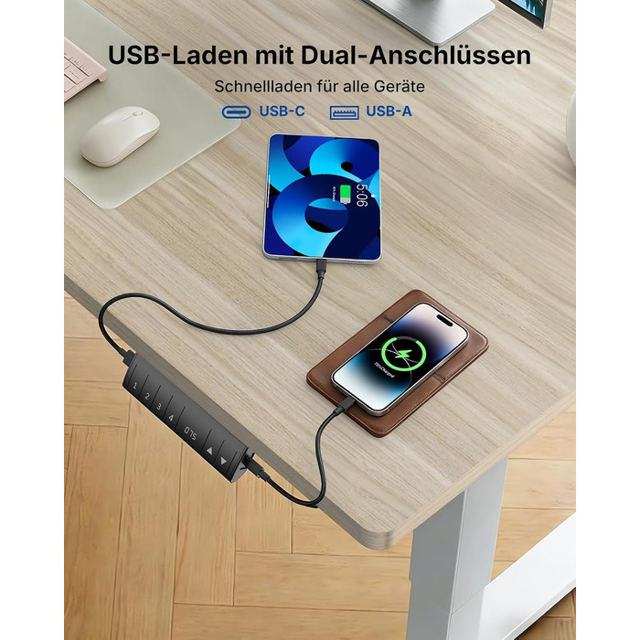 Регульований стіл HUANUO 160x80 см з USB-C/A зарядкою, висота 72-118 см, 4 режими пам'яті, кабель-менеджмент, колір світло-вінтажний дерево