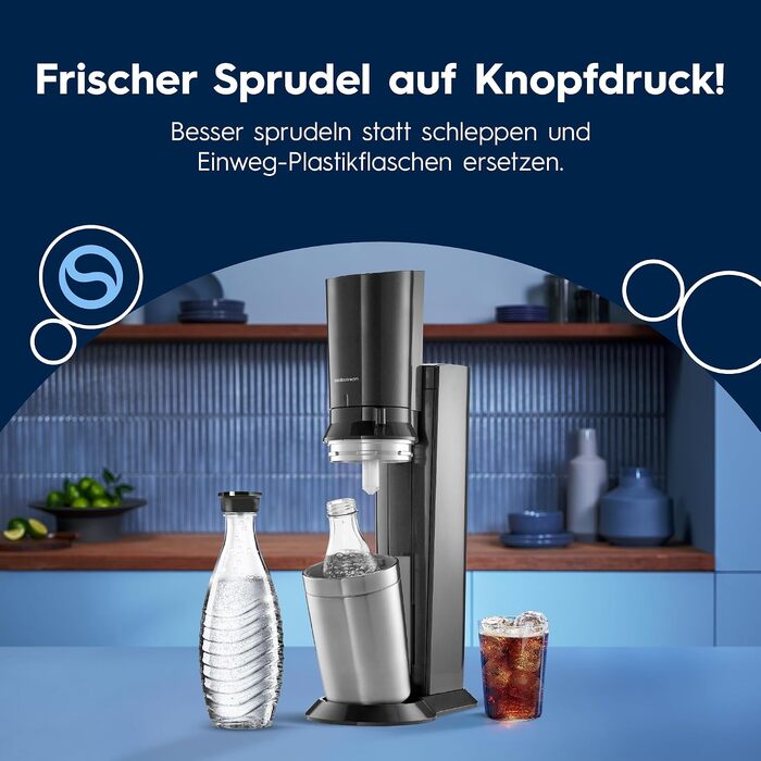 Сифон для газування води SodaStream CRYSTAL 3.0, 2 скляні карафани по 0,7л та балон CO2 з системою Quick Connect