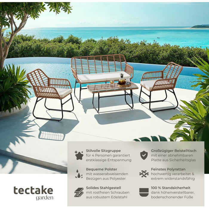 Комплект садових меблів tectake® з ротангу: садова лавка, 2 стільці та стіл, набір для балкона, тераси, саду, натуральний колір