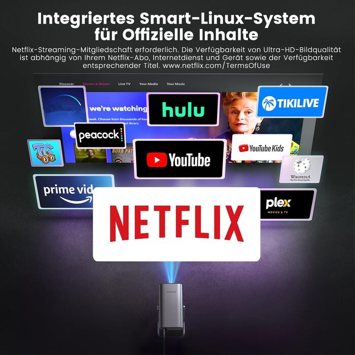 Smart-проектор Mini Beamer 4K Full HD 1080P, 600 ANSI люмен, автофокус, автокорекція трапецієподібних викривлень, WiFi 6, Bluetooth, 360° поворот, короткофокусний, сріблястий