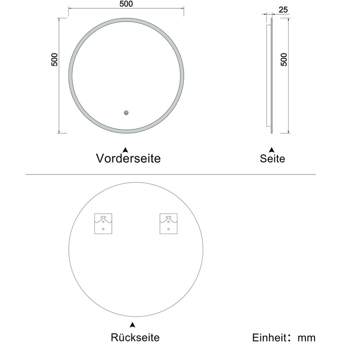 LED дзеркало для ванної кімнати Aica Sanitär, кругле, 50 см, з підсвічуванням (холодне/нейтральне/тепле світло), диммування, функція пам'яті, сенсорне управління, запобігання запотіванню, автоматичне вимкнення