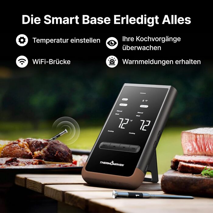 Розумний бездротовий термометр для м'яса ThermoMaven з базовою станцією, Bluetooth та WLAN, 2 щупи (6 сенсорів), NIST-сертифікований, для смокера, духовки та BBQ, коричневий