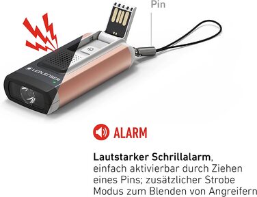 Ліхтарик Ledlenser K6R Safety 400 лм із сиреною, USB, сірий — компактний брелок-ліхтарик, акумуляторний, з тривожним сигналом