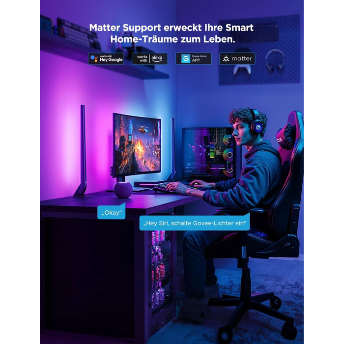 Комплект Govee HDMI 2.1 Sync Box 2 з LED-підсвіткою та Lightbar, AI синхронізація, підтримка 8K@60Hz, 4K@144Hz, VRR, ALLM, Matter та Alexa, підсвітка для моніторів 27-34 дюйми