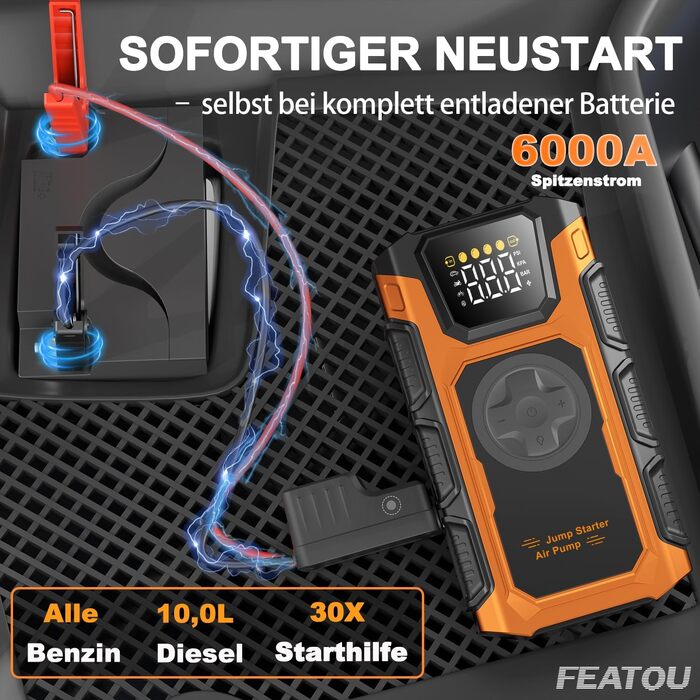 Пусковий пристрій (бустер) для авто Starthilfe 6000A з компресором 150 PSI, Powerbank 12V для бензинових та дизельних двигунів до 10л, з QC3.0, LCD-дисплеєм та ліхтарем, помаранчевий
