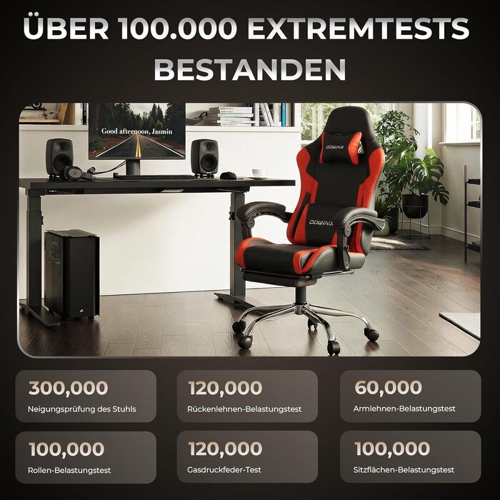 Ігрове крісло Dowinx Ergonomic Gaming Chair з підножкою, навантаження до 150 кг, регульовані підлокітники, офісне крісло для ПК, червоне
