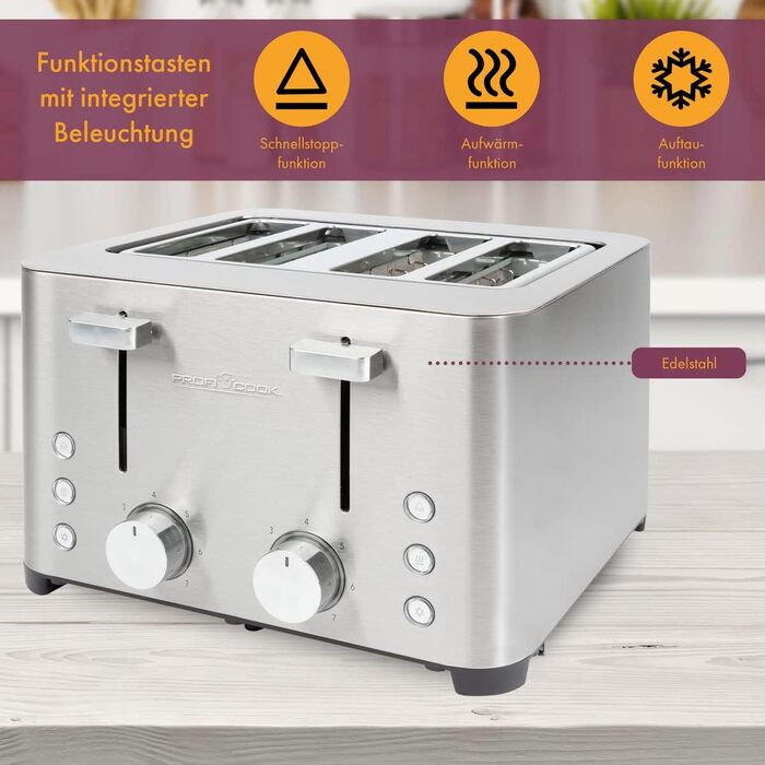 Тостер ProfiCook 4-слотовий, нержавіюча сталь, 1500 Вт, широкий слот, підставка для булочок, 7 режимів підсмажування, зйомна крихтова підставка, PC-TA 1252