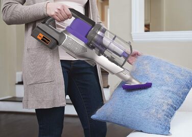 Акумуляторний пилосос BLACK+DECKER 4в1 для дому та тварин, 36В, 2.0А·год, без мішка, з електрощіткою для шерсті, 2в1 щілинна насадка, настінне кріплення, сріблясто-фіолетовий