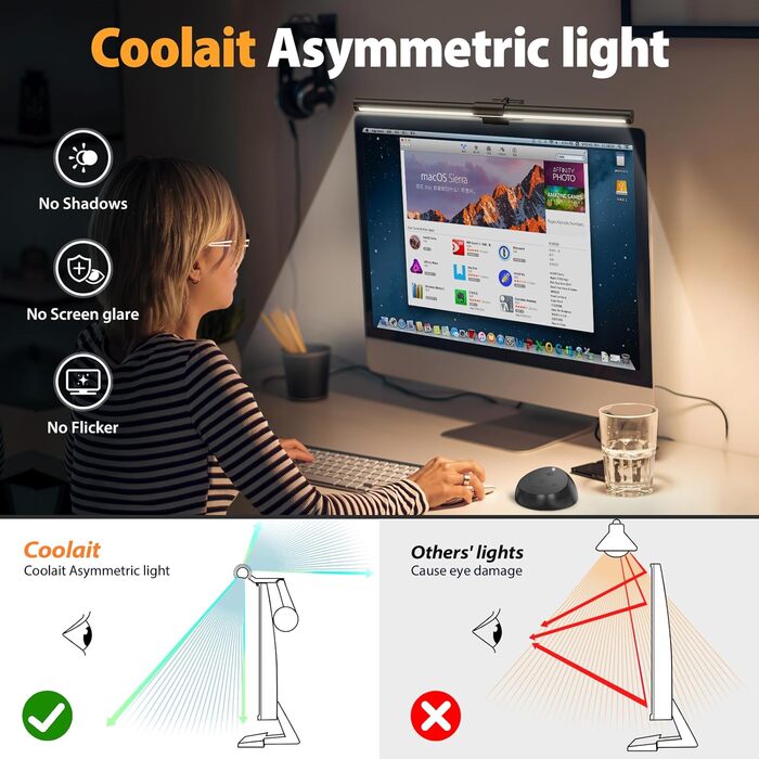 LED лампа для монітора з USB та сенсорним керуванням, захист від синього світла, регулювання яскравості та кольорової температури, настільна лампа для комп'ютера