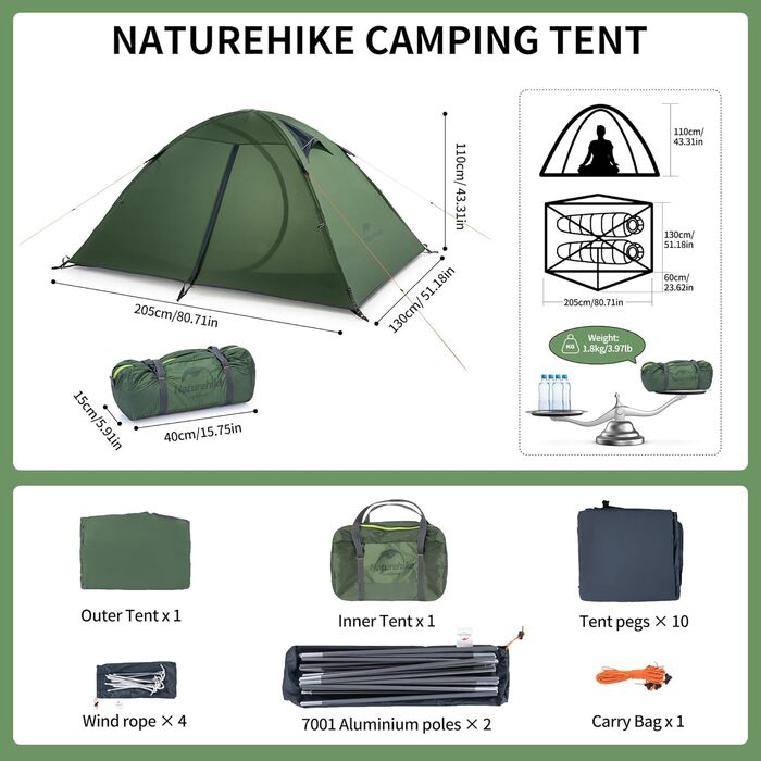 Naturehike ультралегкий силіконовий намет для кемпінгу, 2-місний, водонепроникний, для походів, 3-4 сезони, зелений