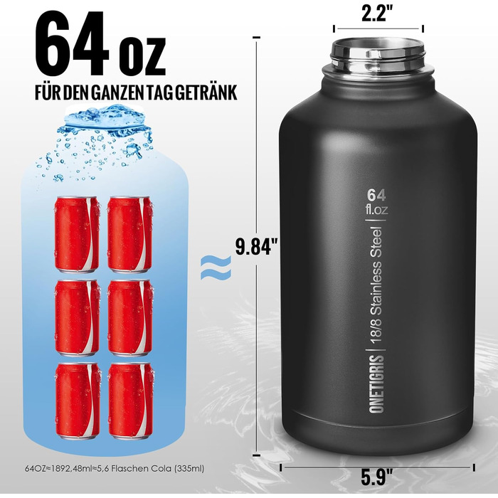 Термос-фляга OneTigris 1.9л (64oz) з чохлом, чорна: спортивна, для велосипеда, кемпінгу, йоги, полювання, риболовлі