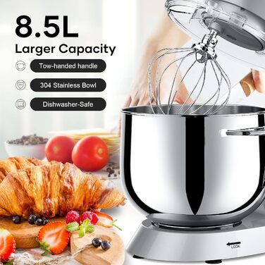 Кухонна машина Vezzio 1500W з чашею 8.5L з нержавіючої сталі: міксер, тістоміс, планетарний міксер для дому
