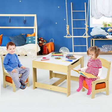 Детский набор мебели COSTWAY: стол и 2 стульчика из дерева (3 в 1) для детей 3-7 лет