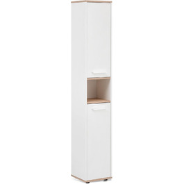 Високий шафа BadeDu ARC для ванної, 30x177x28 см, білий/дуб, вузький, з хромованими ручками, дерев'яний