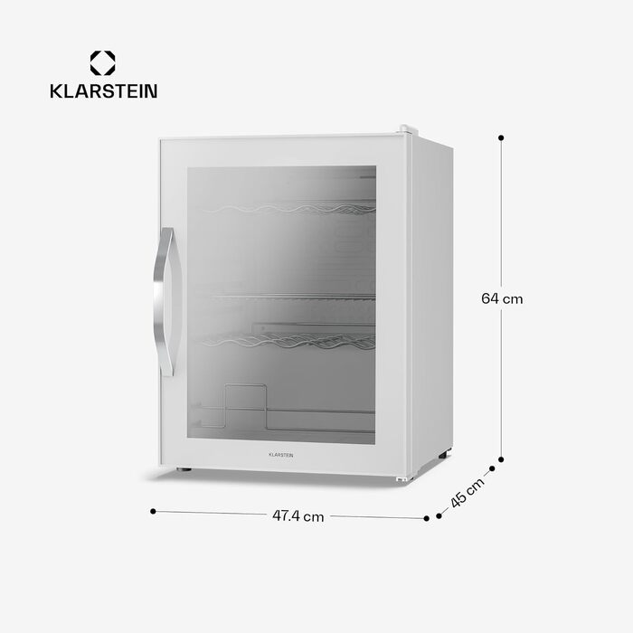 Холодильник для напоїв Klarstein 60л з дзеркальними дверцятами, 0-13°C, 4 полиці, регулювання температури, компресорний, білий