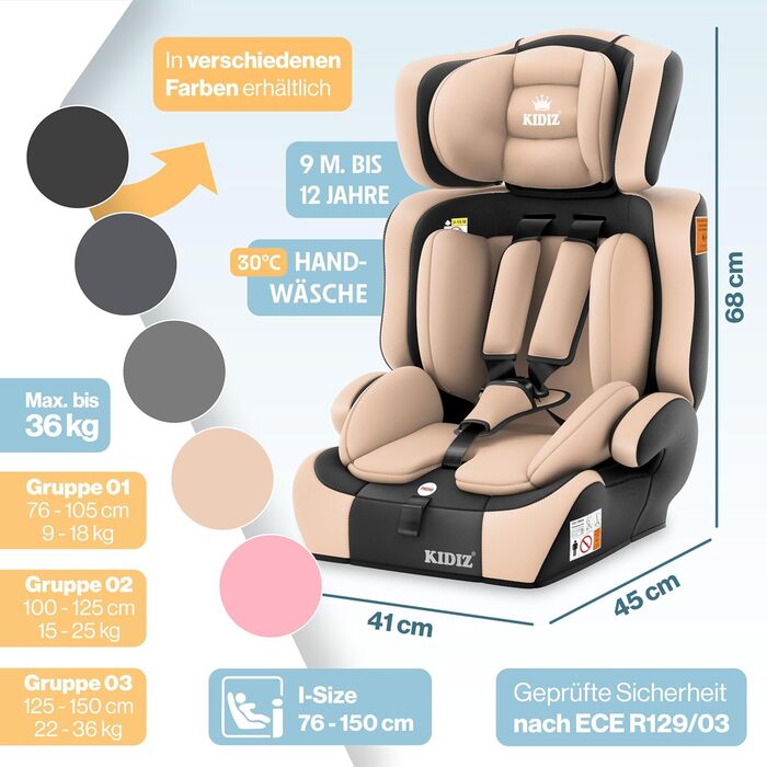 Автокрісло KIDIZ i-Size R129 100-150 см для дітей до 12 років, група 1/2/3 без Isofix, бежеве