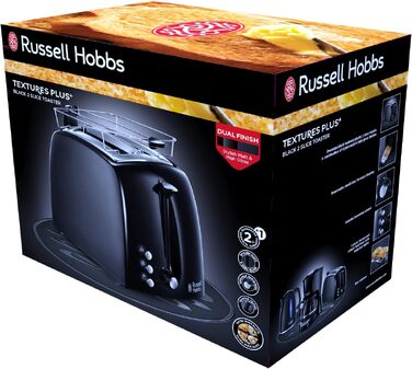 Тостер Russell Hobbs Textures+ (2 широкі слоти, підставка для булочок, 850 Вт, чорний) + Електричний чайник скляний Russell Hobbs Classic (1.7 л, 2400 Вт)