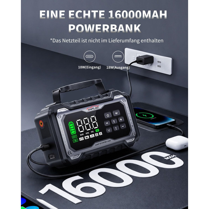 Пусковий пристрій (бустер) для авто 8000A з компресором 160 PSI та Powerbank, чорний