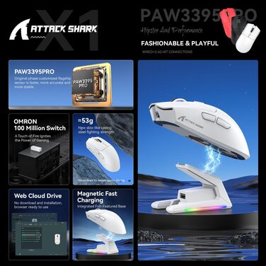 Ігрова миша Attack Shark X1 White: бездротова (BT/2.4G) та дротова, сенсор PixArt PAW3395PRO, 40000 DPI, вага 53г, з RGB док-станцією для зарядки, для Win11/Xbox/PS/Mac