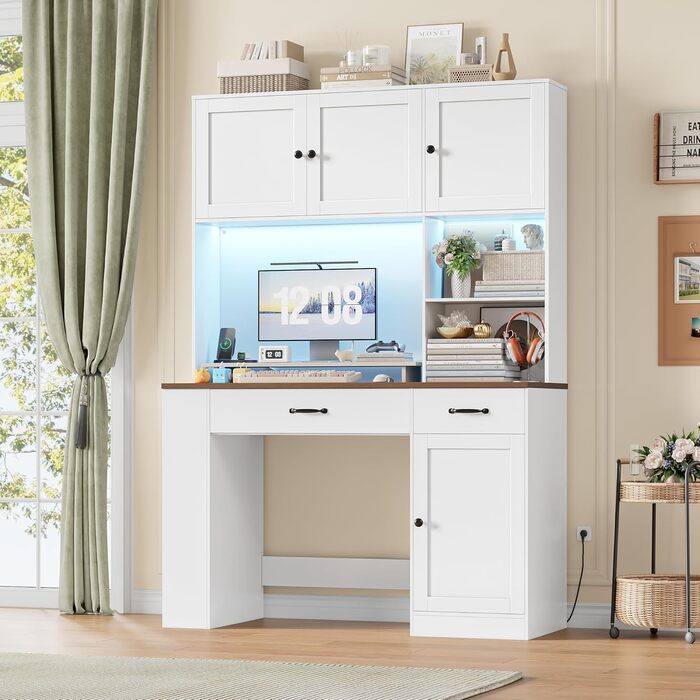 Письмовий стіл FirFurd 180x120x50 см з шухлядами, поличкою та LED підсвіткою, білий. Комп'ютерний стіл для дому, офісу, дитячої.