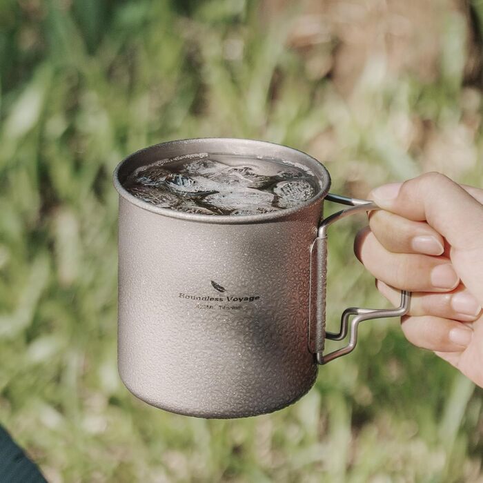 iBasingo Titan Becher - туристичний посуд, термокружка, чашка для кемпінгу з кришкою та складним ручками, 200-750 мл (Ti3024d-420ml)