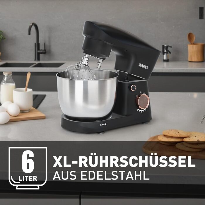 Кухонна машина Heinrichs 1500W з місткою чашею 6L з нержавіючої сталі, 10 швидкостей, титан, міксер, тістоміс, планетарний міксер