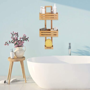 Душова полиця Relaxdays з бамбука, 65x28x15,5 см, підвісна полиця для душу з дерева з 3 відсіками, органайзер для ванної кімнати, антикорозійна, натуральна