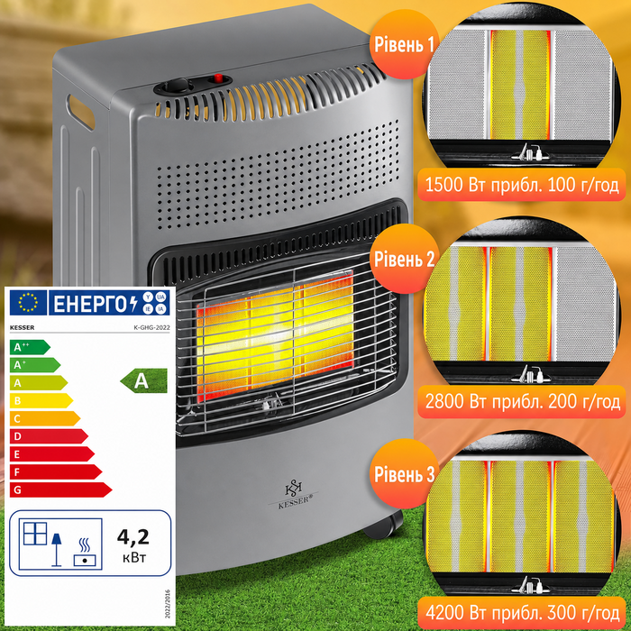 Газовий обігрівач KESSER® 4200W з керамічним нагрівачем, газовий опалювач, інфрачервовий нагрівач з бутаном/пропаном (до 15кг), сірий, з регулятором тиску, шлангом та захисним кожухом (Газовий балон не входить у комплект)