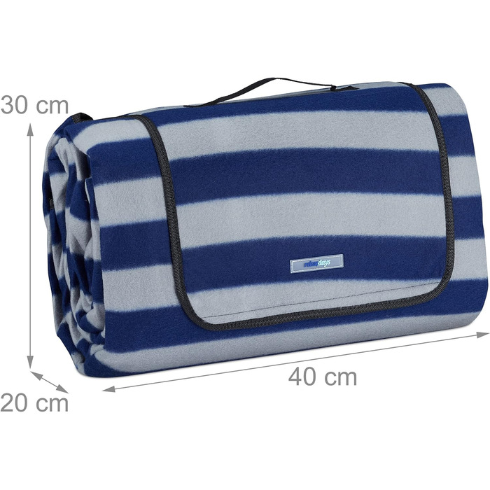 Пікнік-ковдра Relaxdays XXL 200x300 см, водонепроникна, ізольована, флісова, смугаста, з ручкою для перенесення, синьо-сіра