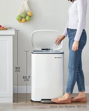 Смітник для кухні SONGMICS 50 л з педаллю, кришкою Softclose, білий, сталевий корпус, внутрішнє відро