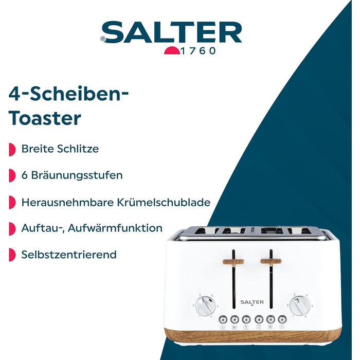 Тостер SALTER Toronto 4-слотовий, білий – широкий простір для хліба, 6 режимів підсмажування, розморожування, підігрів, функція скасування, підйом хліба
