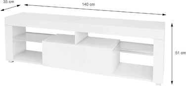 Тумба під телевізор ML-Design, біла, дерево, 140x51x35 см, сучасна, з висувним ящиком і 2 скляними полицями, без ручок, стояча