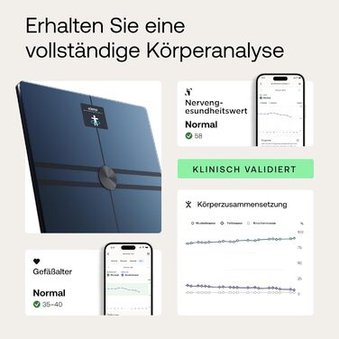 WITHINGS Body Comp – розумні ваги з Wi-Fi та Bluetooth, повний аналіз складу тіла: жир, м'язова маса, кісткова щільність, вісцеральний жир, цифрові підлогові ваги, чорні
