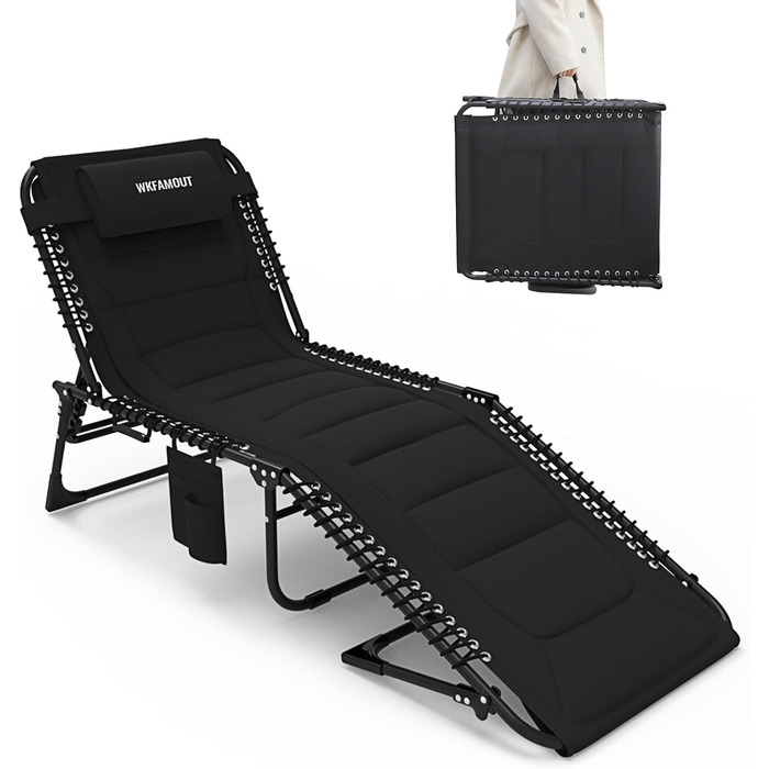 Велике розкладне шезлонге для саду, 5 положень спинки, Outdoor, XXL, тринога, для пляжу та кемпінгу, до 150 кг, з подушкою та кишенею, 200x68 см, сірий
