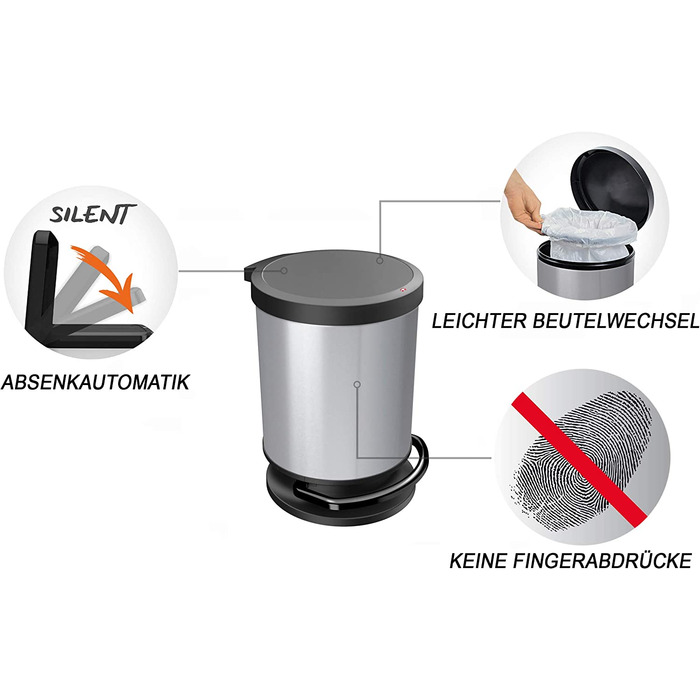 Смітник Rotho Paso 20 л з кришкою, сріблястий, пластик, BPA Free