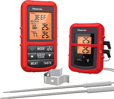 ThermoPro TP20 Цифровий термометр для м'яса з радіусом дії 150м. Підходить для гриля, духовки та барбекю. Бездротовий термометр з 2 датчиками температури