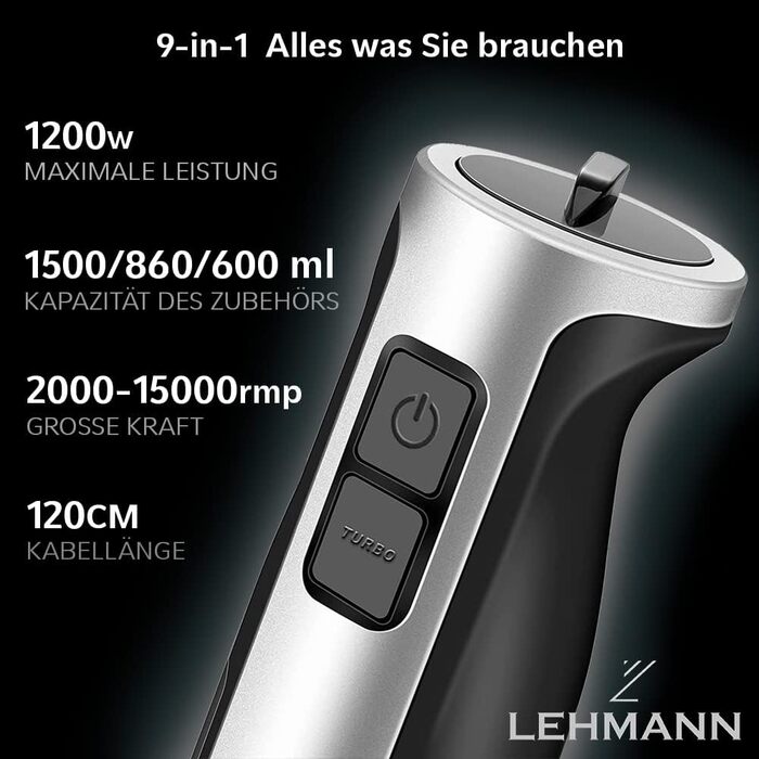Занурювальний блендер Lehmann 1200 Вт з турборежимом, регулюванням швидкості та 9 аксесуарами, електричний багатофункціональний міксер для подрібнення та змішування