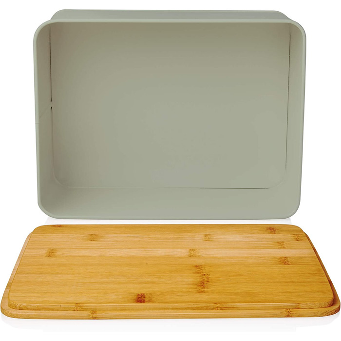 Хлібниця Lumaland Cuisine з металу та бамбуковою кришкою, прямокутна 30,5×23,5×14 см, 2-в-1 контейнер для хліба та обробна дошка, м'ятна